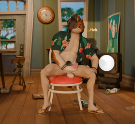 anthro bodily_fluids brown_hair camera chair clothed clothing footwear furniture genital_fluids genitals hair hand_on_leg hand_on_penis male partially_clothed pecs penis poster precum pubes sitting solo speech_bubble spotlight spread_legs spreading pumpkinmilkyway dollymolly323_(modeler) epic_games fortnite meowscles purradise_meowscles felid feline mammal