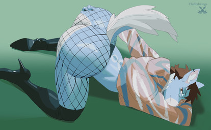 anthro ass_up big_butt blue_body boots bottomwear brown_eyes brown_hair butt clothing cropped_hoodie ear_piercing eyewear femboy fishnet_bottomwear fishnet_clothing fishnet_legwear footwear glasses hair high_heeled_boots high_heels huge_butt knee_boots knee_highs legwear long_sleeves male multicolored_body piercing round_glasses shoes solo tail thigh_highs two_tone_body fluffedwings ace_booper species_request hi_res