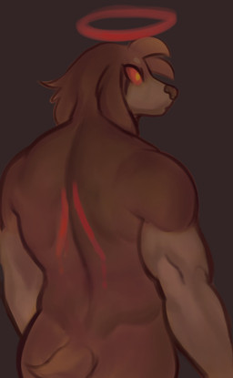 anthro back_scar brown_body brown_fur floppy_ears fur half-closed_eyes halo male multicolored_body multicolored_fur muscle_tone muscular muscular_anthro muscular_male narrowed_eyes orange_sclera scar solo tan_body tan_fur two_tone_body two_tone_fur diadorin nugget_(diadorin) bird_dog canid canine canis cocker_spaniel domestic_dog hunting_dog mammal spaniel hi_res