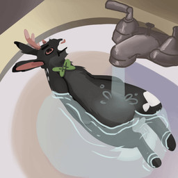 ambiguous_gender antlers bow_tie brown_antlers brown_eyes brown_nose detailed_background faucet feral fur green_bow_tie grey_body grey_fur horn in_sink lying on_back partially_submerged sink solo water jaspering jackalope lagomorph mammal 1:1 2023 animated animated_gif digital_media_(artwork) shaded short_playtime