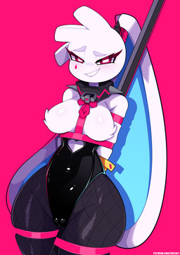 bare_shoulders big_breasts big_ears black_clothing black_legwear black_leotard black_pantyhose blush blush_lines bound breasts camel_toe clothing collar featureless_breasts female fishnet_clothing fishnet_legwear fishnet_thigh_highs fur genital_outline hands_behind_back legwear leotard long_ears looking_at_viewer navel_outline pantyhose pink_background pole ponytail_ears pupils red_eyes scrunchie simple_background skindentation smile smiling_at_viewer solo spiked_collar spikes strapless_clothing strapless_leotard stripper_pole text thick_thighs thigh_highs vulva_outline white_body white_fur white_pupils wide_hips sheerly_(artist) deco_27_(producer) rabbit_hole_(deco_27) calamity_(sheerly) animal_humanoid humanoid lagomorph lagomorph_humanoid leporid_humanoid mammal mammal_humanoid rabbit_humanoid digital_drawing_(artwork) digital_media_(artwork) hi_res url