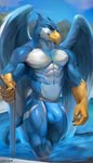 2019 abs adobe_photoshop_(artwork) anthro avian beak biceps bird blue_body blue_feathers bulge chunie claws clothed clothing detailed_background detailed_bulge digital_media_(artwork) digital_painting_(artwork) feathered_wings feathers forearms genital_outline glistening gryphon hi_res jericko_(germanshepherd69) jockstrap legs_in_water looking_at_viewer male muscular muscular_anthro muscular_male mythological_avian mythological_creature mythology partially_submerged pecs penis_outline scaled_forearms scales smile solo standing standing_in_water submerged_legs swimming_pool topless underwear water wet white_body white_feathers wings yellow_beak yellow_hands