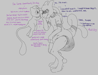 ageplay ambiguous_gender anthro babying blush bodily_fluids clothing comforting crying dialogue diaper duo feces feral furgonomics hat headgear headwear heart_symbol infantilism nurse nurse_clothing nurse_hat nurse_headwear onesie roleplay soiled_diaper soiling tail tears text unclean_diaper used_diaper dinopalcooper everstone_daycare nintendo pokemon nurse_mew generation_1_pokemon legendary_pokemon mew_(pokemon) mewtwo pokemon_(species) black_and_white english_text hi_res monochrome sketch
