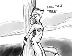 anthro cuff_(restraint) cutie_mark eyes_closed female nude plant restraints solo tree warskunk_(artist) friendship_is_magic hasbro my_little_pony applejack_(mlp) earth_pony equid equine horse mammal pony monochrome sketch