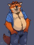 anthro belly black_nose blue_eyes bottomwear clothed clothing male moobs navel nipples open_clothing open_mouth open_shirt open_topwear orange_body pants shirt simple_background slightly_chubby solo topwear k-9 disney zootopia gideon_grey canid canine fox mammal 2025 hi_res