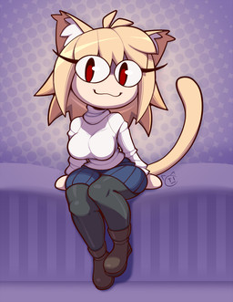 black_clothing black_leggings black_legwear blonde_hair blue_bottomwear blue_clothing blue_skirt boots bottomwear breasts brown_boots brown_clothing brown_footwear clothing eyelashes female footwear hair inner_ear_fluff leggings legwear looking_at_viewer red_eyes shoes sitting skirt solo sweater tail topwear tuft turtleneck white_clothing white_inner_ear_fluff white_sweater white_topwear white_turtleneck conditional_dnp teckworks tsukihime type-moon neco-arc animal_humanoid cat_humanoid felid felid_humanoid feline feline_humanoid humanoid mammal mammal_humanoid 2026 signature
