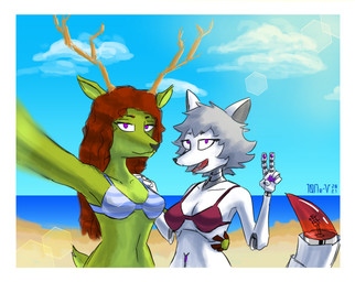 anthro antlers beach bikini breasts cleavage clothed clothing duo female fur green_body green_fur grey_hair hair horn looking_at_viewer machine male male/female swimwear two-piece_swimsuit waist_grab white_body 10ne-v alexa_(10ne-v) canid canine deer fox living_machine mammal robot hi_res