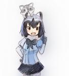 2018 5_fingers adolescent ambiguous_gender animal_humanoid arai-san armwear biped black_bottomwear black_clothing black_eyes black_gloves black_hair black_handwear black_skirt blue_clothing blue_shirt blue_topwear blush bottomwear bow_(feature) bow_tie breasts brown_eyes carrying_another clothed clothing dot_eyes duo eye_markings facial_markings fangs female feral fingers front_view fully_clothed fur fur_trim_(clothing) gesture gloves grey_body grey_ears grey_fur grey_hair hair half-length_portrait hand_gesture handwear hatching_(art) head_markings humanoid iceeye_ena japanese kemono_friends larger_female larger_humanoid light_body light_skin looking_at_viewer mammal mammal_humanoid markings multicolored_hair on_head open_mouth open_smile pointing portrait procyonid procyonid_humanoid quadruped raccoon raccoon_humanoid shaded shadow shirt short_hair simple_background size_difference skirt smaller_ambiguous smaller_feral smile smirk smug standing tan_body tan_skin teeth topwear two_tone_hair white_background white_hair young