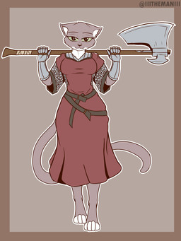 4_toes 5_fingers anthro axe barefoot breasts brown_body brown_fur chainmail clothed clothing feet female fingers fur holding_object holding_weapon looking_at_viewer melee_weapon simple_background smile solo standing toes toony weapon white_body white_fur yoke_pose the_man felid feline mammal 2022 3:4 absurd_res full-length_portrait hi_res portrait