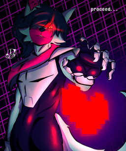 anthro armor armor_plates blue_body blue_fur cape clothing fur gauntlets gloves hair handwear long_hair male multicolored_body multicolored_fur pink_body pink_fur red_eyes scarf solo soul spandex tight_clothing jakesart deltarune undertale undertale_(series) jakescott canid canine canis hybrid mammal wolf 5:6 absurd_res hi_res