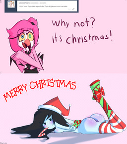 anthro ask_blog black_hair blush bound breasts butt candy candy_cane christmas_clothing christmas_headwear clothing dessert female food genitals hair hat headgear headwear heterochromia holidays legwear monster_girl_(genre) mostly_nude non-mammal_breasts pink_hair ribbons santa_hat side_boob stockings text vulva norehana_art adventure_time cartoon_network christmas flama_(norehanaart) marceline_abadeer avian bird flamingo vampire english_text hi_res