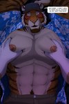 2022 abs aloha_shirt ambiguous_species anthro anthro_on_anthro barazoku beard big_muscles big_nipples big_pecs blush body_hair bottomwear chest_grab clothed clothing coach countershading date dialogue dream_and_nightmare duo english_text eyebrows facial_hair felid first_person_view front_view fur hand_on_chest hand_on_pecs happy_trail hi_res huge_muscles looking_at_viewer male male/male mammal muscular muscular_anthro muscular_male navel night_(dream_and_nightmare) nipples notched_ear open_clothing open_shirt open_topwear pantherine pattern_clothing pattern_shirt pattern_topwear pec_grab pec_squeeze pec_squish pecs pubes scar shirt shorts speech_bubble squish talking_to_viewer text tiger topwear tuft