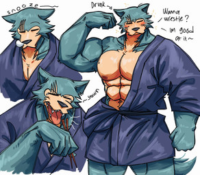 abs anthro barazoku biceps big_muscles big_pecs blush bubble chopsticks clothed clothing dialogue directional_arrow drunk eyebrows eyes_closed flexing fur huge_muscles male muscular muscular_anthro muscular_male navel nipples obliques open_mouth pecs robe scar simple_background sleeping solo standing substance_intoxication talking_to_viewer teeth text tongue tongue_out tuft white_background yawn teseirei beastars legoshi_(beastars) canid canine canis mammal wolf 2022 english_text hi_res