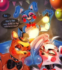 5_fingers angry anthro ball_lick balls blue_balls blue_body blush bodily_fluids body_worship bow_tie brown_body brown_fur clothing cross-popping_vein dialogue dominant dominant_femboy dominant_male dripping eyelashes eyeshadow femboy fingers flashlight fur genital_fluids genital_worship genitals glistening glistening_genitalia glistening_penis green_eyes group hat headgear headwear holding_flashlight holding_object joints licking machine makeup male male/male narrowed_eyes oral penile penis penis_worship precum precum_drip segmented_body sex sitting smile smug speech_bubble text tongue tongue_out trio white_body white_fur krembosha_krab five_nights_at_freddy's five_nights_at_freddy's_2 scottgames sister_location funtime_foxy_(fnaf) toy_bonnie_(fnaf) toy_freddy_(fnaf) animatronic bear canid canine fox lagomorph leporid mammal rabbit robot 2025 digital_media_(artwork) english_text hi_res