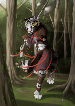 5_fingers abs anthro armor axe belly biped blue_eyes bone branch chainmail cheek_tuft claws clothed clothed_anthro clothed_female clothing detailed_background facial_markings facial_tuft female female_anthro finger_claws fingers forest forest_background fur glistening glistening_armor glistening_eyes grass grey_body grey_fur hair head_markings holding_object holding_weapon inner_ear_fluff leaf light light_beam looking_at_viewer markings moss navel pattern_clothing pink_nose plant round_ears serious_face solo standing striped_body stripes sunbeam sunlight tail toe_claws tree tuft weapon whisker_spots white_body white_fur hyacinth1971 felid mammal pantherine tiger 2026 colored digital_drawing_(artwork) digital_media_(artwork) full-length_portrait hi_res portrait shaded signature