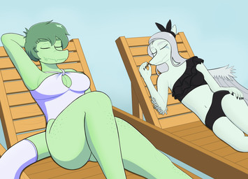 anthro beach_chair bent_leg big_breasts bikini biped black_bikini black_clothing black_swimwear blue_background blue_body blue_scales bone_frill breasts cleavage_cutout clothed clothed_anthro clothed_female clothing cutout duo elbow_feathers eyes_closed feathered_wings feathers female fingers freckled_legs freckled_thighs freckles frill_(anatomy) furgonomics green_body green_hair green_scales grey_body grey_feathers grey_hair hair hand_behind_head happy humanoid_hands long_hair lying markings midriff navel non-mammal_breasts on_back one-piece_swimsuit outside resting scales short_hair simple_background small_breasts smile striped_markings stripes swimwear tail tail_clothing thick_thighs two-piece_swimsuit white_clothing white_swimwear wings big_daddy_(artist) cavemanon_studios goodbye_volcano_high i_wani_hug_that_gator ko_op_(game_developer) snoot_game fang_(gvh) olivia_halford baryonyx dinosaur prehistoric_species pterosaur reptile saurischian scalie spinosaurid theropod 2025 colored hi_res