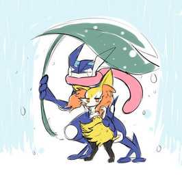 2_toes 3_fingers ambiguous_anthro ambiguous_gender anthro biped black_body blue_body cheek_tuft closed_frown digitigrade duo facial_tuft feet fingers fluffy fluffy_tail front_view frown fur hair hand_on_another's_hip hand_on_hip hip_tuft inner_ear_fluff leaf leaf_umbrella mouth_closed multicolored_body multicolored_fur narrowed_eyes no_pupils orange_body orange_eyes orange_fur orange_inner_ear_fluff orange_nose outside pointy_ears prick_ears raining simple_background standing tail tapering_snout toes touching_hair tuft white_body white_fur yellow_body yellow_fur yellow_tail aturn nintendo pokemon amphibian braixen canid generation_6_pokemon greninja mammal pokemon_(species) 2015 colored colored_sketch digital_drawing_(artwork) digital_media_(artwork) flat_colors japanese_description sketch translated_description