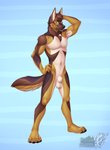 abs animal_genitalia anthro armpit_hair balls body_hair brown_body brown_fur fully_sheathed fur genitals hand_on_head looking_at_viewer male muscular muscular_anthro muscular_male nude sheath smile solo standing tail white_body white_fur vallhound storm_shepherd canid canine canis domestic_dog german_shepherd herding_dog mammal pastoral_dog digital_media_(artwork) hi_res