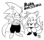 2024 2_tails anthro artist_name battle_armor bottomwear canid canine cape cheek_tuft clothed clothing cosplay crossed_arms crossover crossover_cosplay dragon_ball duo eulipotyphlan facial_tuft fist footwear fox gohan hedgehog in_memoriam japanese_description japanese_text judy_totoya keikogi line_art male mammal martial_arts_uniform miles_prower monochrome multi_tail pants piccolo sega shoes simple_background sonic_the_hedgehog sonic_the_hedgehog_(series) sportswear tail text translated_description tuft white_background