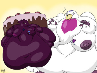 4_eyes 4_fingers anthro areola beak belly big_belly big_breasts big_butt biped breasts butt cake chest_tuft claws dessert duo emanata eyebrows eyelashes female fingers flabby_arms flash_emanata food fur gem gradient_background green_eyes heart_tattoo holding_breast huge_belly huge_breasts huge_butt huge_hips huge_thighs hyper hyper_belly hyper_butt hyper_hips hyper_thighs morbidly_obese morbidly_obese_anthro morbidly_obese_female multi_eye multicolored_body multicolored_fur narrowed_eyebrows navel nipples nude nude_anthro nude_female obese obese_anthro obese_female open_mouth overweight overweight_anthro overweight_female pink_areola pink_body pink_fur pink_nipples puffy_nipples purple_areola purple_body purple_eyes purple_fur purple_nipples purple_skin simple_background size_difference tattoo thick_thighs tongue tongue_out tuft white_body white_fur wide_hips yellow_background yellow_sclera batspid2 mythology jessica_(dragontis6gr8er) liveheart_(dragontis6gr8er) anatid anseriform anserine avian bird dragon mythological_creature mythological_scalie scalie swan 2018 4:3 cel_shading digital_drawing_(artwork) digital_media_(artwork) full-length_portrait portrait shaded signature