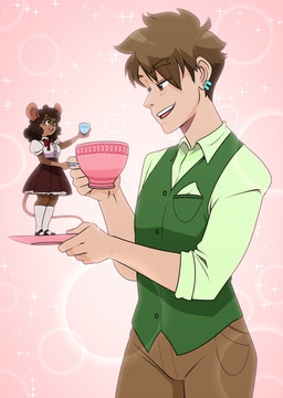anthro beverage blush blush_lines bottomwear bow_ribbon brown_eyes brown_hair buckteeth clothing collared_shirt countershading curly_hair duo ear_piercing ear_ring eye_contact female footwear freckles green_clothing green_eyes green_shirt green_topwear hair husband_and_wife khaki_pants knee_highs knee_socks legwear looking_at_another male male/female married_couple mary_janes micro open_mouth piercing pleated_skirt pocket_square puffy_sleeves red_bottomwear red_clothing red_skirt ring_piercing saucer shirt shoes size_difference skirt socks sparkles standing tea teeth toasting topwear vest whiskers aaron_schmit mice_tea gavin_van_der_valk margaret_de_campos human mammal mouse murid murine rodent absurd_res hi_res