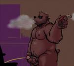 anthro bathroom bodily_fluids eyewear facial_hair genital_fluids genitals glasses male male_peeing musclegut muscular muscular_anthro muscular_male nipples peeing penis smoking solo tongue urine anothermeekone chariot indigo_(chariot) bear mammal