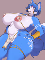 accessory anthro bedroom_eyes big_breasts blue_body blue_fur blue_hair bottomwear breasts clothed clothing countershading curvy_figure female fur furgonomics hair hand_on_hip huge_breasts jewelry loincloth looking_at_viewer narrowed_eyes nipples partially_clothed pubic_mound seductive smile solo standing tail tail_accessory tail_jewelry thick_thighs tongue voluptuous wide_hips cervina7_(artist) enarane nintendo star_fox krystal_(star_fox) canid canine fox mammal 2020 2d_animation 3:4 animated digital_media_(artwork) hi_res motion_tweening no_sound short_playtime webm