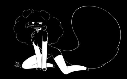 :3 anthro arm_warmers armwear big_tail black_background black_body black_fur bone_in_mouth chest_tuft clothing collar fur heart_collar legwear simple_background solo tail thigh_highs tuft puppysnackz puppysnackz_(character) canid canine canis domestic_dog mammal hi_res monochrome