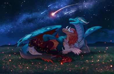 cosmic_background cuddling duo fantasy female feral love male male/female night peaceful quadruped romantic romantic_couple romantic_night shooting_star sky star starry_background starry_sky owl_light european_mythology mythology dragon mythological_creature mythological_scalie scalie western_dragon hi_res