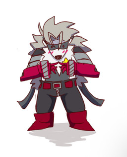 ambiguous_gender anthro belt blush bottomwear clothing cybernetic_arm cybernetic_limb footwear fur grey_body grey_fur mask mechanical_arm pants red_eyes shoes solo star white_body white_fur zipper doodlenova bandai_namco digimon digimon_beatbreak digimon_(species) wolvermon 2025 digital_media_(artwork)