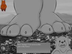 3_fingers 3_toes anthro barefoot big_feet big_pupils big_toes black_eyes black_nose brown_body brown_ears brown_fur brown_tail building city claws cloud confusion dialogue dialogue_box dilated_pupils ellipsis featureless_crotch feet fingers foot_fetish foot_focus fur grey_body grey_ears grey_fur huge_feet huge_toes looking_at_viewer macro male mountain nude open_mouth photo_background pupils round_ears simple_eyes size_difference sketch_foreground sky smile solo standing tail teeth text toe_claws toes smashcuenta123 bear_and_breakfast hank_(bear_and_breakfast) bear mammal 2021 4:3 english_text hi_res photography_(artwork)