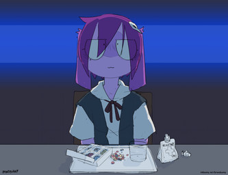 :3 ambiguous_gender anthro clothed clothed_ambiguous clothing drugs femboy fully_clothed fully_clothed_ambiguous fur furniture glass hair pills purple_body purple_fur purple_hair ribbons solo table bravobunny bravo_(bravobunny) lagomorph leporid mammal rabbit 2021 hi_res