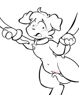 andromorph anthro clitoral clitoral_rubbing intersex questionable_consent restrained restrained_arms restrained_by_tentacles solo surprised tentacles squeakscape canid canine canis domestic_dog mammal 5:6 absurd_res hi_res monochrome sketch trans_(lore) trans_man_(lore)