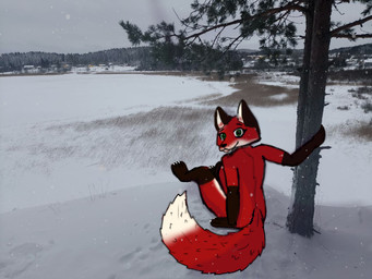anthro big_tail cliff ears_up female finland first_person_view fur green_eyes lake melancholic nature nude real red_body red_fur romantic scandinavian sitting smile snow tail winter jukolapp karelia neva canid canine fox mammal red_fox true_fox 4:3