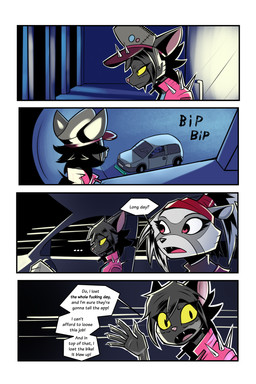 accessory anthro black_body black_fur black_hair car clothed clothed_anthro clothed_female clothing dialogue facial_markings female female_anthro fur grey_body grey_fur grey_hair hair hair_accessory hair_tie head_markings jacket markings mask_(marking) night pink_clothing pink_jacket pink_topwear ponytail short_hair spikes text topwear vehicle yellow_eyes gatonejo do_(gatonejo) mono_(gatonejo) domestic_cat felid feline felis mammal procyonid raccoon 2026 2:3 comic english_text hi_res
