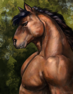 anthro black_hair brown_body brown_eyes glistening glistening_eyes hair looking_at_viewer male male_anthro mouth_closed muscular muscular_anthro muscular_male nude pecs realistic side_view solo text satanic_monkey equid equine horse mammal artist_name bust_portrait hi_res portrait