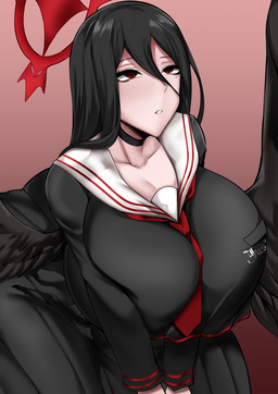 accessory asian_clothing big_breasts biped black_bottomwear black_choker black_clothing black_hair black_jewelry black_necklace black_serafuku black_skirt black_wings bottomwear breast_squish breasts choker clothed clothed_female clothed_humanoid clothing collarbone east_asian_clothing eyebrows eyelashes feathered_wings feathers female female_humanoid fully_clothed fully_clothed_female fully_clothed_humanoid glistening glistening_hair gradient_background hair hair_between_eyes half-closed_eyes halo huge_breasts japanese_clothing japanese_school_uniform jewelry long_hair long_sleeves mole_under_eye monotone_bottomwear monotone_choker monotone_clothing monotone_hair monotone_skirt monotone_wings multicolored_sleeves narrowed_eyes necklace necktie red_eyes red_halo red_necktie red_sleeves sailor_collar school_uniform serafuku shadow simple_background skirt solo squish straight_arms text text_on_clothing thin_eyebrows two_tone_sleeves uniform white_sailor_collar wings owner_(artist) blue_archive nexon hasumi_(blue_archive) humanoid winged_humanoid 2022 absurd_res digital_media_(artwork) english_description hi_res shaded smaller_version_at_source soft_shading