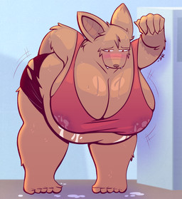 anthro bent_over big_breasts blush bodily_fluids breasts cleavage clothed clothing female huge_breasts lactating leaking milk obese overweight shirt solo sweat tank_top topwear torn_clothing zixzs-redlight rhoda_(zixzs-redlight) bat mammal hi_res