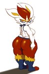 anthro big_breasts big_butt bottomwear breasts butt butt_cleavage cheek_tuft clothing eyelashes facial_tuft female fur huge_butt looking_at_viewer looking_back looking_back_at_viewer orange_bottomwear orange_clothing orange_eyes orange_nose orange_pants pants rear_view simple_background solo thick_thighs tuft white_background white_body white_fur wide_hips pincparti nintendo pokemon cinderace generation_8_pokemon pokemon_(species) hi_res