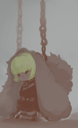 3_toes anthro bangs big_ears big_tail black_clothing black_lips black_nose black_topwear bound brown_body brown_ears brown_eyes brown_tail chain chained clothed clothing eyelashes feet female fluffy fluffy_tail frown fully_clothed green_hair hair kemono lips looking_forward pupils sad short_hair solo tail toes topwear hasukii cc_(hasukii) lagomorph leporid mammal rabbit hi_res