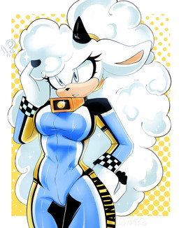 anthro bell bell_collar big_breasts blue_eyes breasts clothing collar eyelashes female fur hair hand_on_hip horn interrobang racing_suit solo sparkles white_body white_fur white_hair lettuceartt idw_publishing sega sonic_the_hedgehog_(comics) sonic_the_hedgehog_(idw) sonic_the_hedgehog_(series) lanolin_the_sheep_(sonic) bovid caprine mammal sheep 2025 hi_res