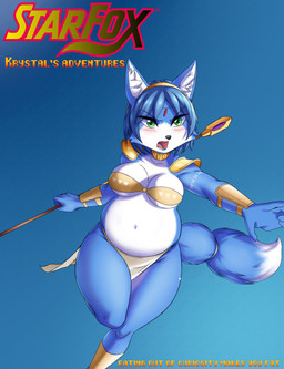 accessory anthro armor bandeau belly black_nose blue_background blue_hair blush bottomwear breasts circlet cleavage clothed clothing collar dipstick_tail female footwear frown furgonomics green_eyes hair hair_accessory hairband holding_object holding_staff inner_ear_fluff logo loincloth markings navel open_frown open_mouth overweight overweight_anthro overweight_female pauldron pose reaching running short_hair simple_background solo staff tail tail_accessory tail_markings tailband text topwear tuft under_boob vambrace weight_gain wide_hips wolf_jedi65 nintendo star_fox krystal_(star_fox) canid canine fox mammal 2024 absurd_res character_name cover cover_art cover_page digital_media_(artwork) english_text full-length_portrait hi_res portrait