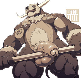 anthro balls beard biceps body_hair brown_body brown_fur chest_hair exercise facial_hair facial_piercing flaccid flexing foreskin fur genitals horn humanoid_genitalia humanoid_penis looking_down low-angle_view male musclegut muscular muscular_anthro muscular_male mustache nipple_piercing nipples nose_piercing nose_ring nude nude_workout partially_retracted_foreskin penis piercing pubes ring_piercing solo tattoo thick_thighs tuft vein veiny_penis weightlifting workout catsudon bear bovid bovine cattle hybrid mammal