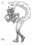 anthro bent_over breasts butt butt_pose clothed clothing electronics eyewear female fur glasses hair hat headgear headwear microphone pose singing solo tail kacey kacey_(kacey) felid feline hybrid mammal pantherine serval snow_leopard snow_serval 2013 greyscale monochrome sketch traditional_media_(artwork)