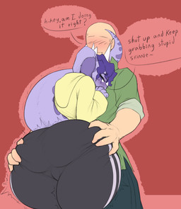 3_horns abstract_background anthro bald big_butt blue_hair blush bodily_fluids bottomwear bubble_butt butt butt_grab butt_squish clothing denim denim_bottomwear denim_clothing dialogue duo fantasy_slur female fingers frill_(anatomy) hair hand_on_butt hoodie horn hug human_on_anthro interspecies jacket jeans light-skinned_male light_body light_skin long_tail male male/female male_on_anthro motion_lines multi_horn multicolored_body multicolored_scales pants purple_body purple_eyes purple_scales scales short_hair simple_background squish sweat sweatpants tail text thick_thighs topwear tsundere two_tone_body two_tone_scales wide_hips ather_os cavemanon_studios goodbye_volcano_high ko_op_(game_developer) snoot_game anon_(snoot_game) trish_(gvh) ceratopsian ceratopsid chasmosaurine dinosaur human mammal marginocephalian ornithischian prehistoric_species reptile scalie triceratops 2023 absurd_res digital_drawing_(artwork) digital_media_(artwork) english_text hi_res