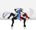 anthro armwear back_to_back claws clothing duo feet female hair hi_res latex latex_armwear latex_clothing latex_legwear legwear open_mouth open_smile prehensile_feet raised_leg sergal sitting smile tail tail_tuft tights toes tuft winteranswer