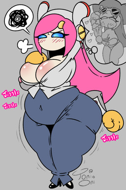 accessory belly big_breasts bikini blue_eyes blush blush_lines bottomwear breast_squish breasts clothing eyelashes eyewear eyewear_on_head female food footwear gloves grey_background hair hair_accessory hairclip handwear hat headgear headwear heart_symbol high_heels holding_food holding_object hoodie light_body light_skin long_hair looking_down machine mouthless overweight overweight_female pink_hair shoes simple_background skirt solo squish sun_hat sunglasses sunglasses_on_head swimwear text thick_thighs topwear two-piece_swimsuit wearing_sunglasses toni_oni kirby_(series) nintendo susie_(kirby) humanoid robot hi_res signature