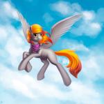 blonde_hair day equid equine fan_character feathered_wings feathers female feral grey_body grey_feathers hair hasbro hi_res hooves l1nkoln mammal my_little_pony mythological_creature mythological_equine mythology outside pegasus sky skyscape smile solo wings yellow_eyes