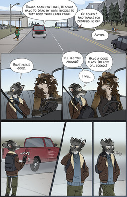 anthro biped black_nose brown_body brown_eyes brown_fur canine_teeth car cheek_tuft clothed clothed_anthro clothing dialogue driving duo eye_contact facial_tuft fluffy fluffy_tail fur grey_body grey_fur head_tuft inside_car inside_vehicle light_truck looking_at_another male pickup_truck pointy_ears prick_ears road seat_belt snout speech_bubble tail tan_body tan_fur text truck tuft tusks vehicle yellow_sclera falco_works background_character indy_(justroadkill) pen_(falco_works) canid canine canis cervine coyote deer mammal tufted_deer 2024 comic digital_media_(artwork) english_text hi_res