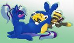 black_body blonde_hair blue_body blue_eyes duo female female/female feral grey_hair hair headlock legs_around_head long_tail oral purple_hair tail white_body wings bumblewish_(artist) hasbro my_little_pony mythology bumble_(bumblewish) fan_character arthropod bee bee_pony equid equine horse hybrid hymenopteran insect mammal mythological_creature mythological_equine pegasus pony hi_res